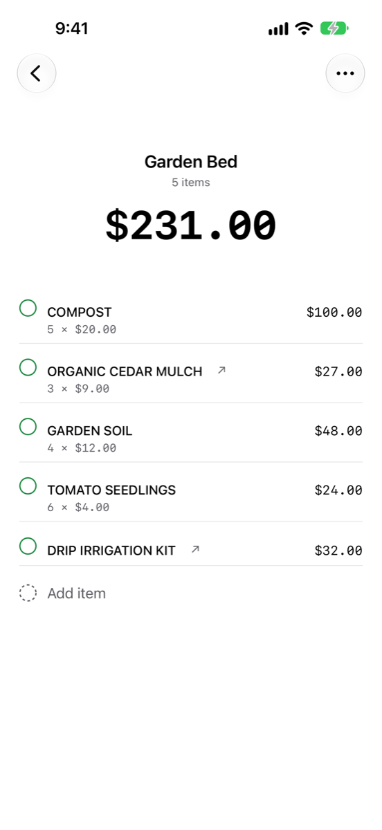 The Garden Bed list in List Total totalling $231.00, with each item priced and link arrows beside the mulch and the drip irrigation kit, which were added from a store's page.
