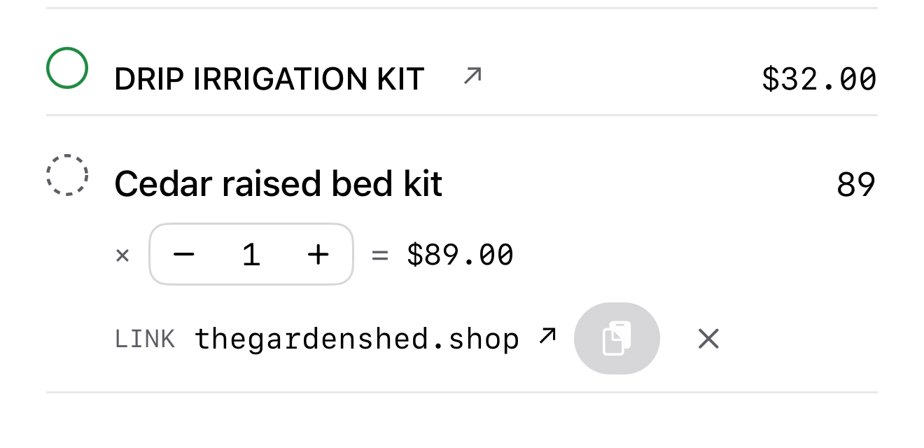 The same new item filled in as Cedar raised bed kit at $89.00, with its link to thegardenshed.shop underneath, ready to add.