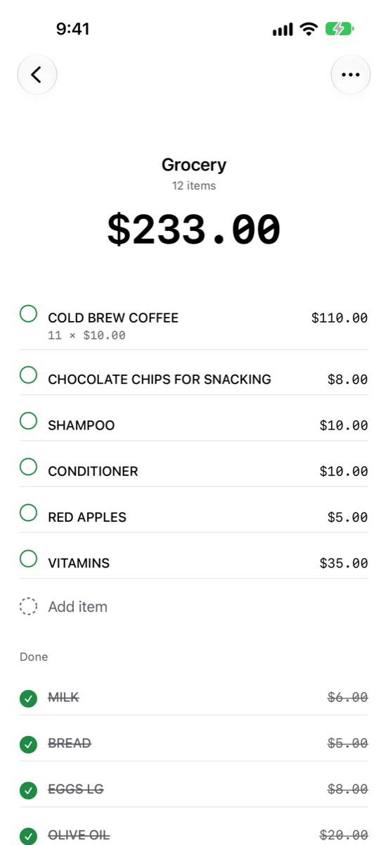 The Grocery list open, showing a $233.00 running total over twelve items, each with its own price, and a Done group of items already bought.