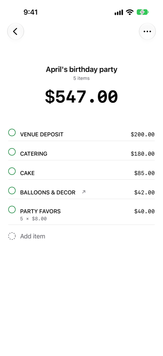 A birthday party list totalling $547.00, with items priced individually.